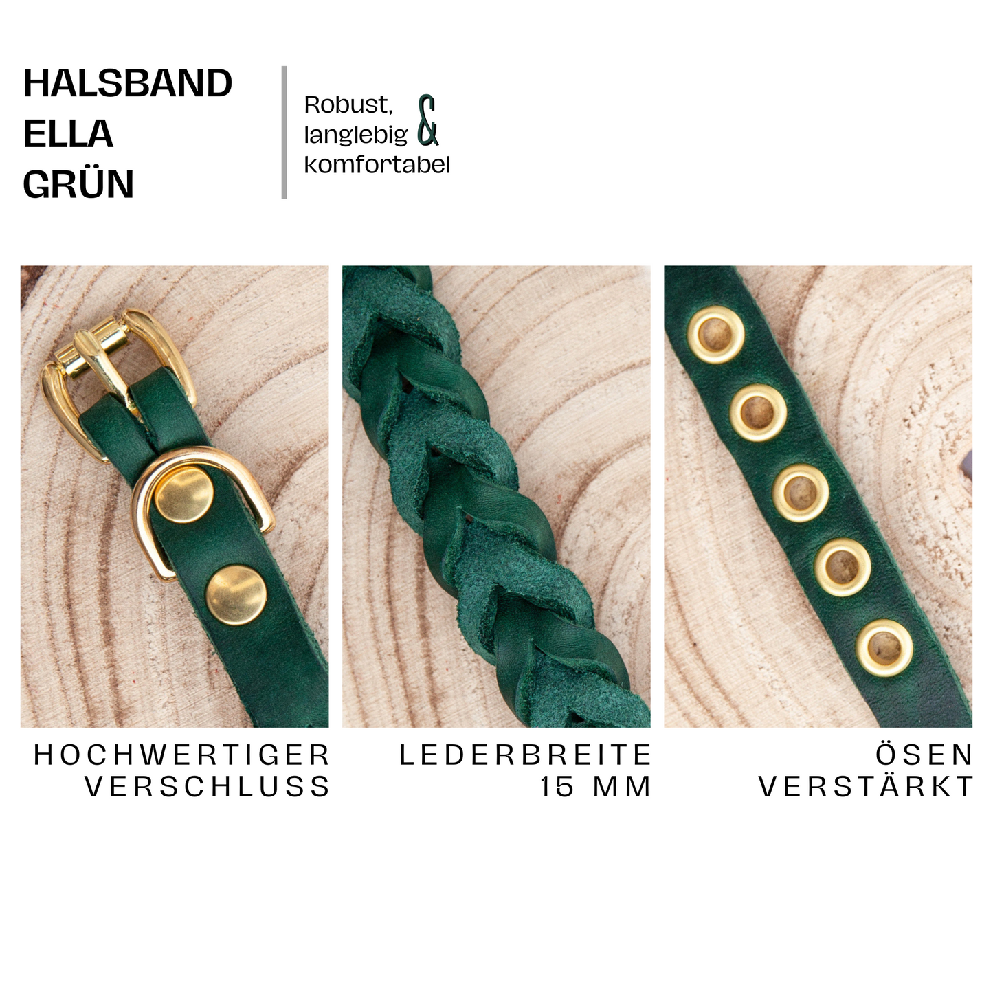 Detailaufnahme des Halsbands ELLA in Grün – 15 mm Lederbreite, stabiler Verschluss und verstärkte Ösen für sicheren Sitz.