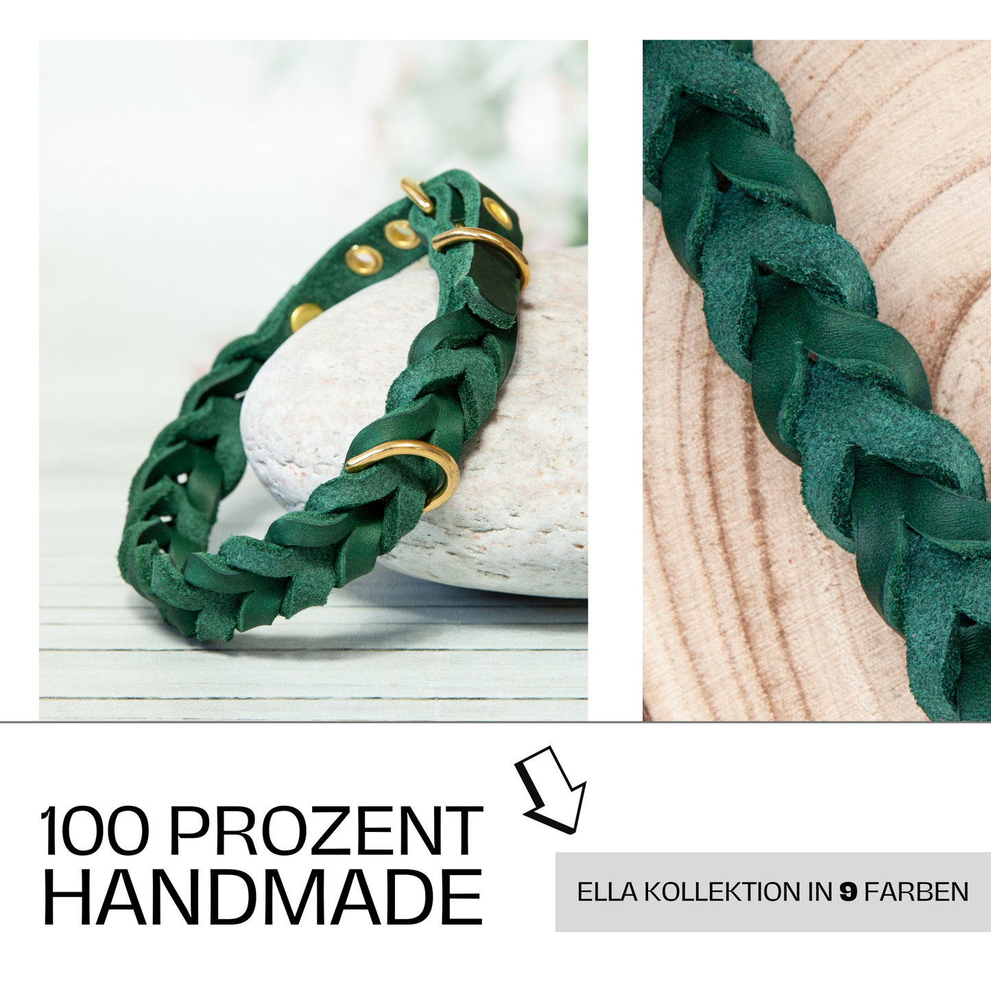 Halsband ELLA in Grün als Teil der 9-farbigen Handmade-Kollektion – gefertigt mit Liebe zum Detail aus bestem Leder.