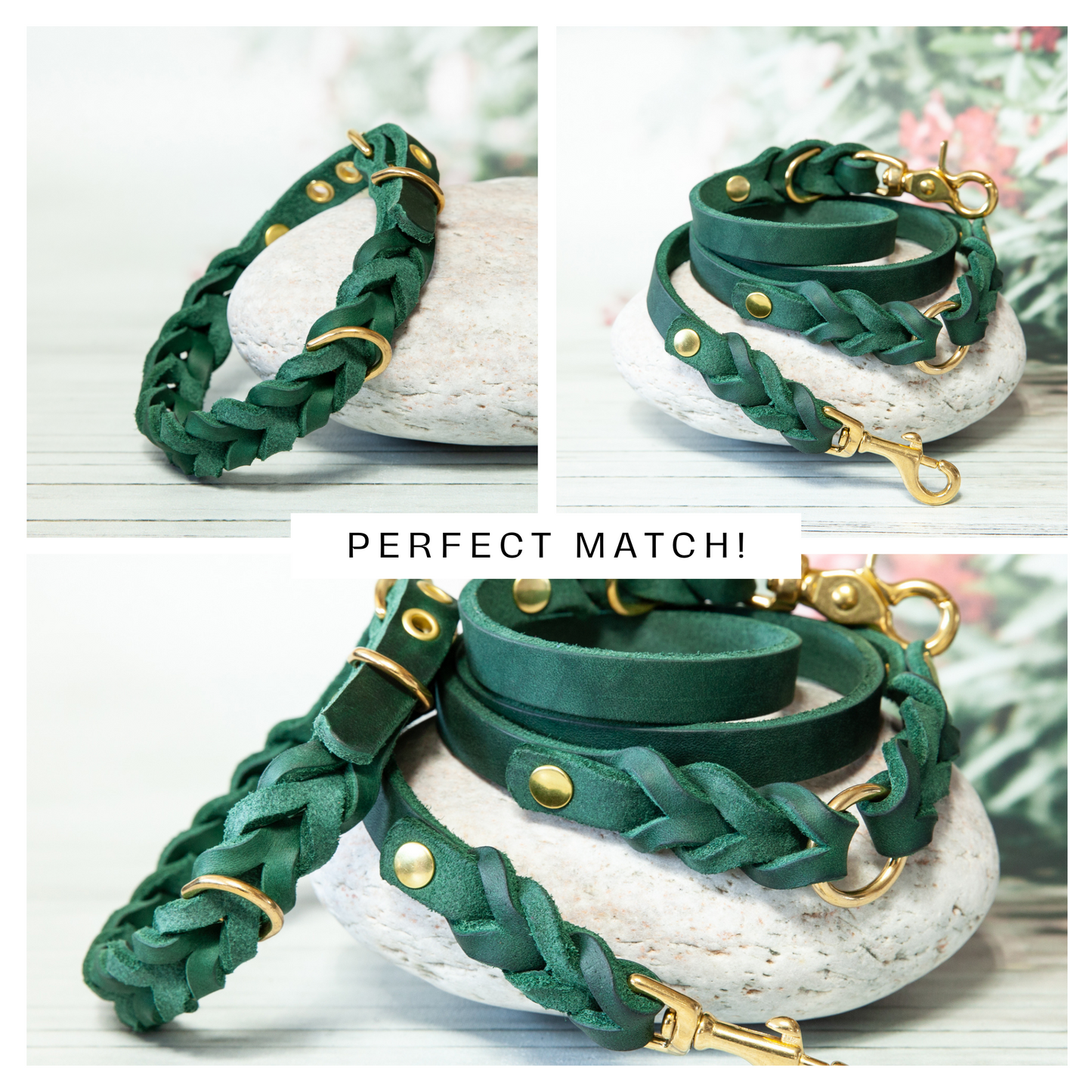 Perfektes Match in Grün: handgefertigtes Halsband und passende Leine der ELLA-Kollektion – stilvoll und harmonisch abgestimmt.