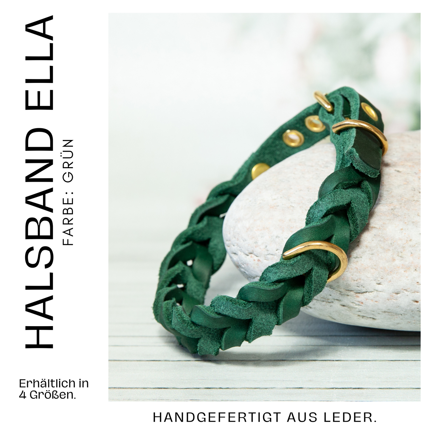 Handgemachtes Halsband ELLA in kräftigem Grün – in Deutschland gefertigt, verfügbar in vier Größen, edel und funktional.