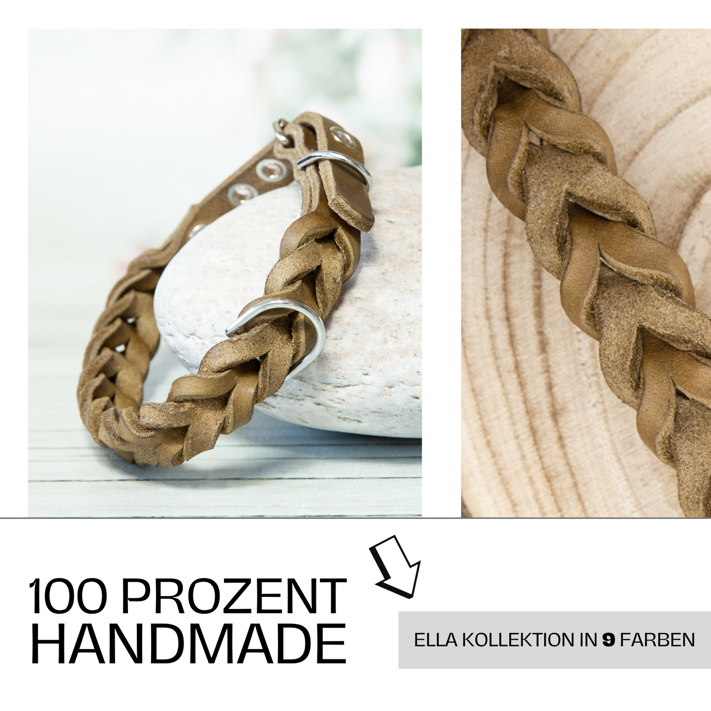 Halsband ELLA in Oliv – Teil der 9-farbigen Handmade-Kollektion, robust und mit Liebe zum Detail gefertigt.