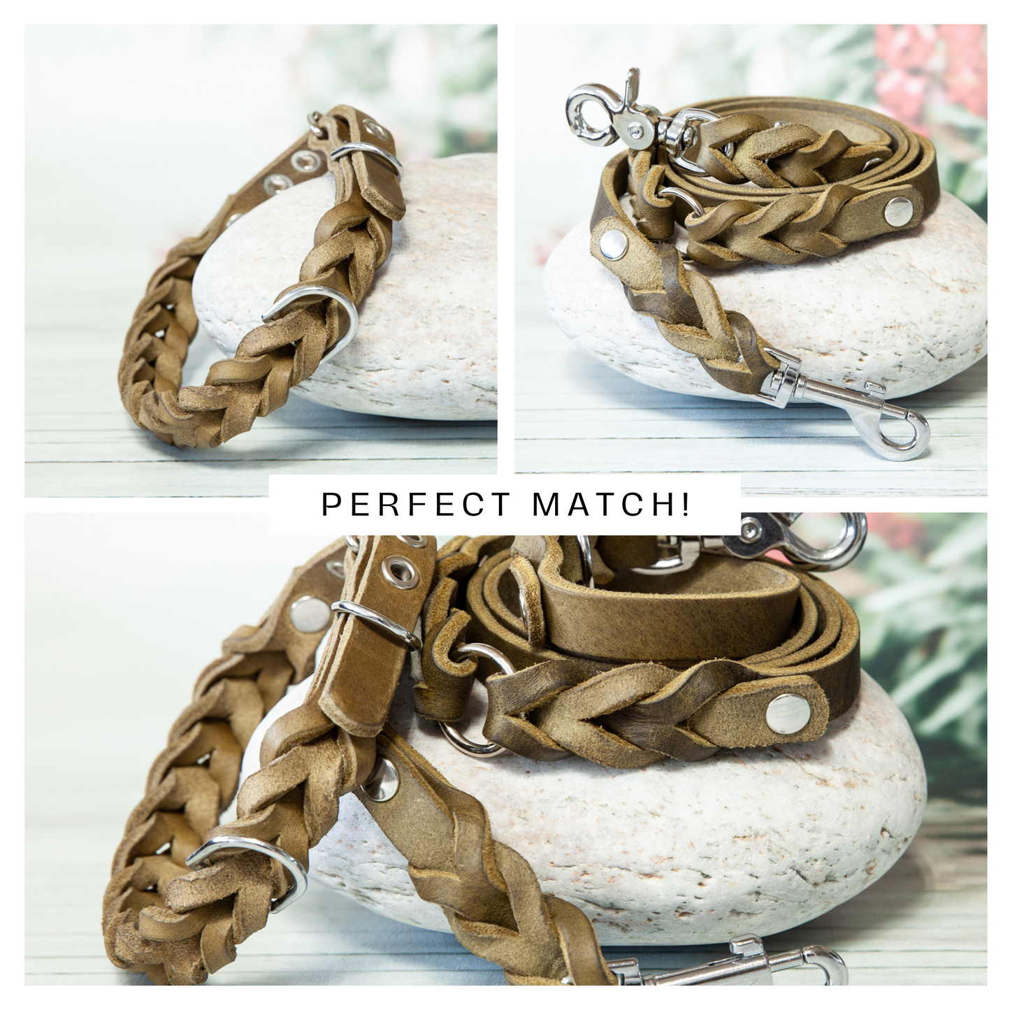Perfekt abgestimmtes Set: olivgrünes Halsband und passende Leine aus Leder – stilvoller Look für jeden Spaziergang.