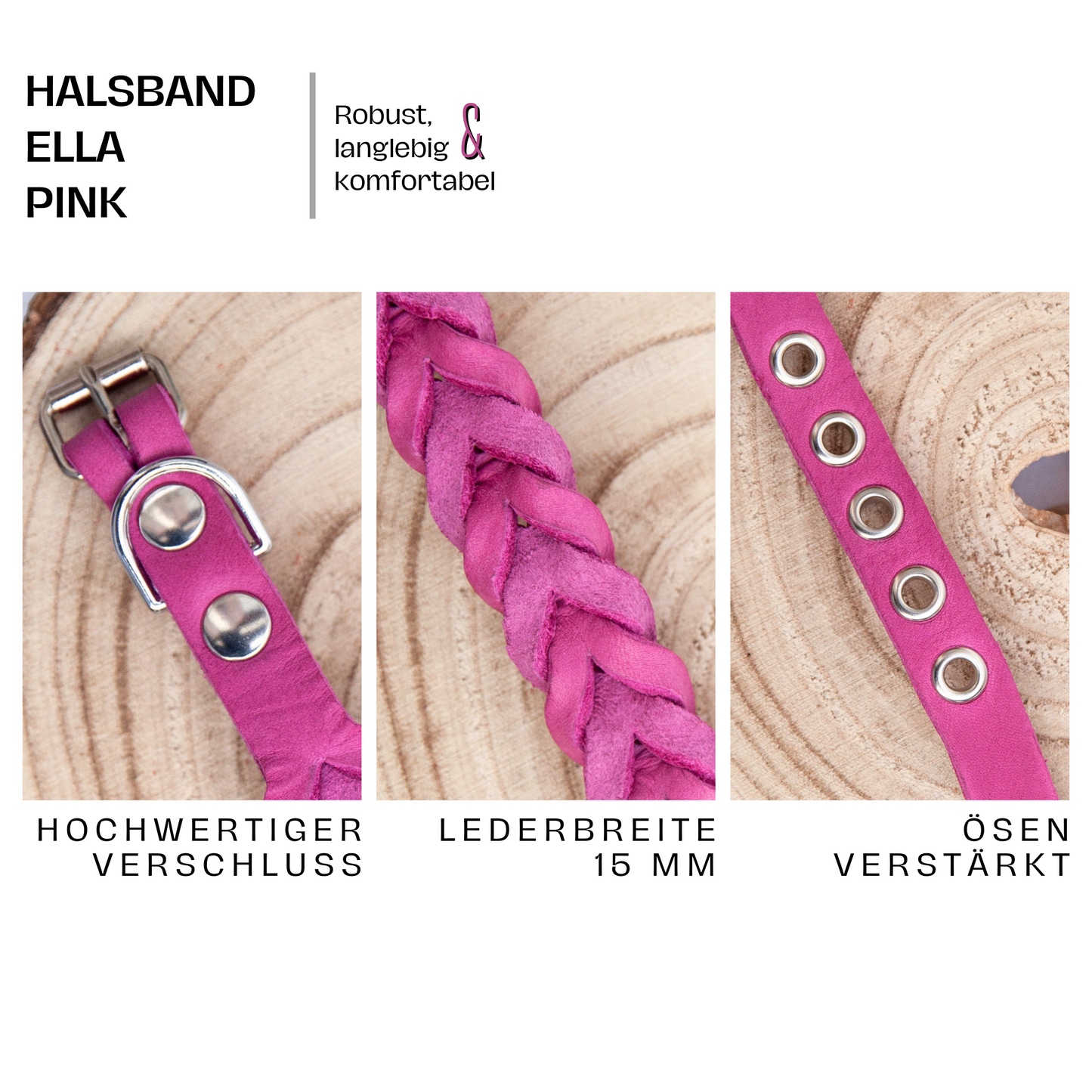 Detailaufnahme des pinken Halsbands ELLA – geflochtenes Leder, stabile Beschläge und verstärkte Ösen für maximale Sicherheit.