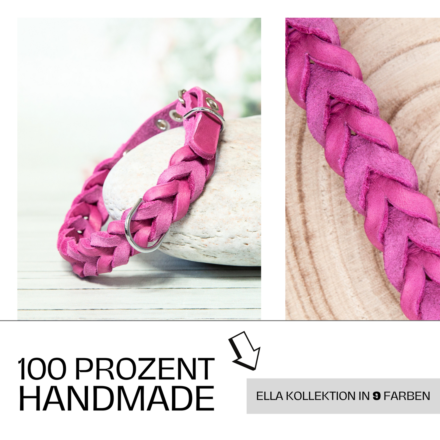 Pinkes Halsband der ELLA Kollektion – auffällig, farbenfroh und 100 % handgefertigt mit viel Liebe zum Detail.