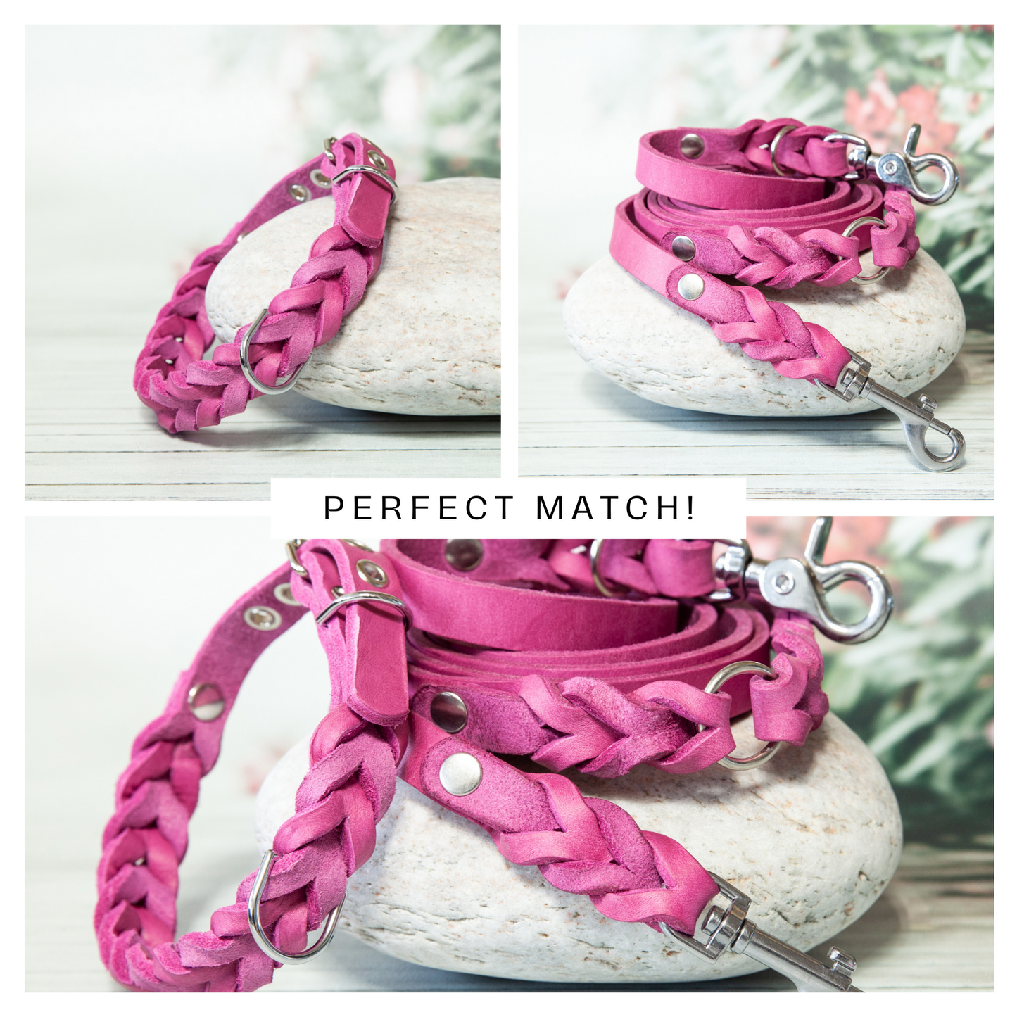 Halsband und passende Leine ELLA in Pink mit Antikmessing – das perfekte Set für stilbewusste Hundehalter:innen.