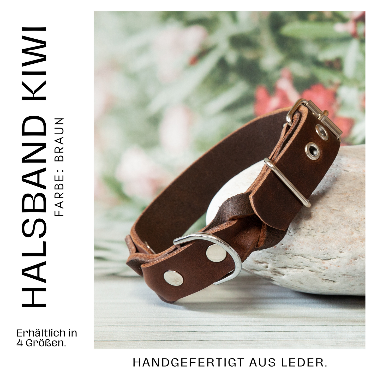 Handgefertigtes Hundehalsband KIWI Braun – hochwertiges Leder mit edlem Glanz, in vier Größen verfügbar