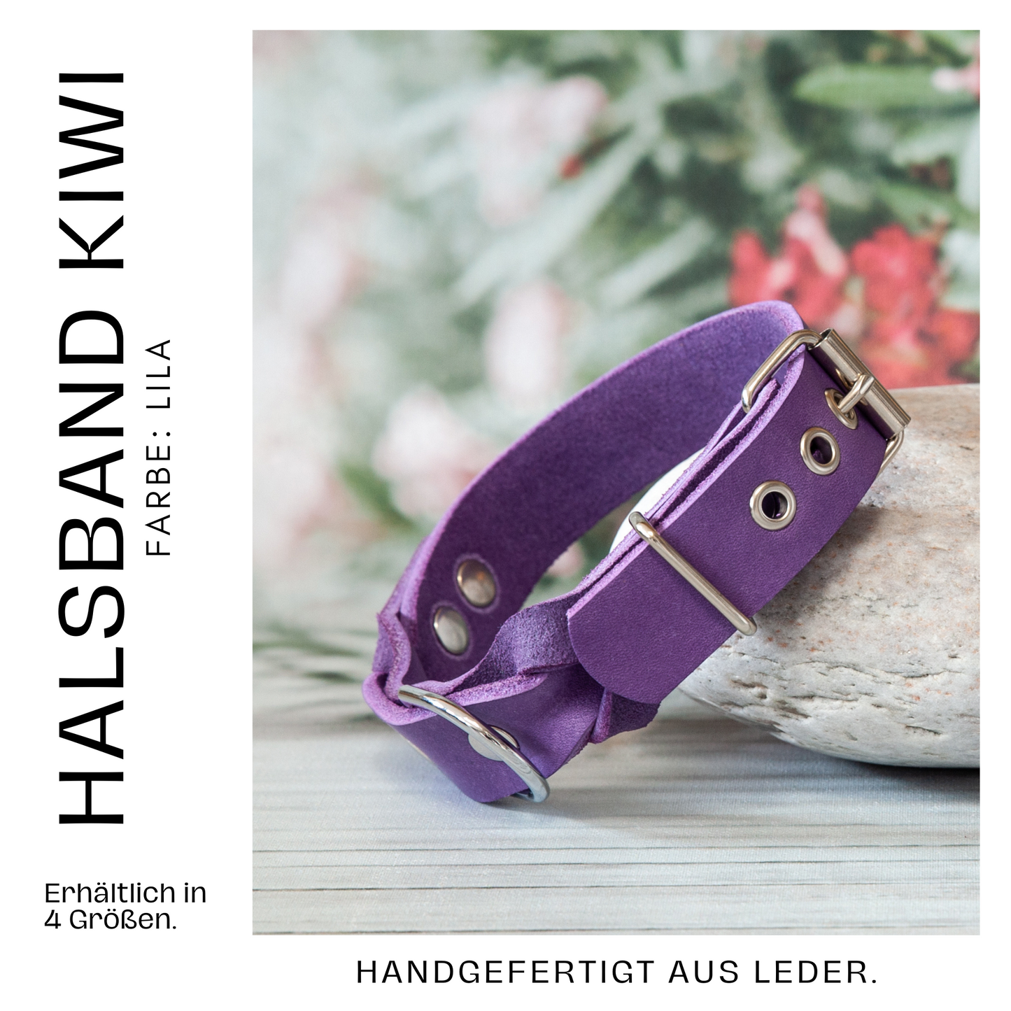 Handgefertigtes Leder-Hundehalsband KIWI in Lila – weich, robust und in vier Größen erhältlich