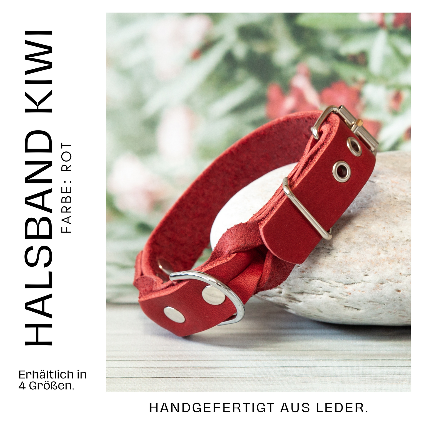 Handgefertigtes Hundehalsband KIWI in Rot – echtes Leder mit silberner Schnalle, erhältlich in vier Größen