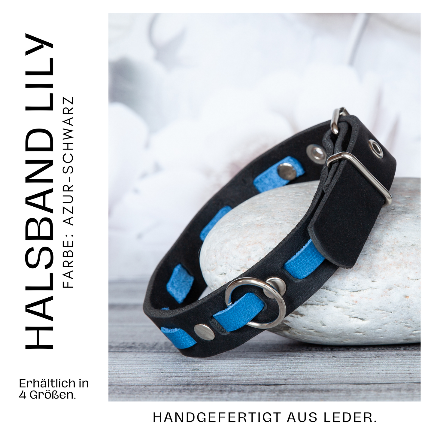 Halsband Lily in Azurblau-Schwarz aus hochwertigem Leder – verstellbar, in vier Größen erhältlich und ideal für mittelgroße Hunde.