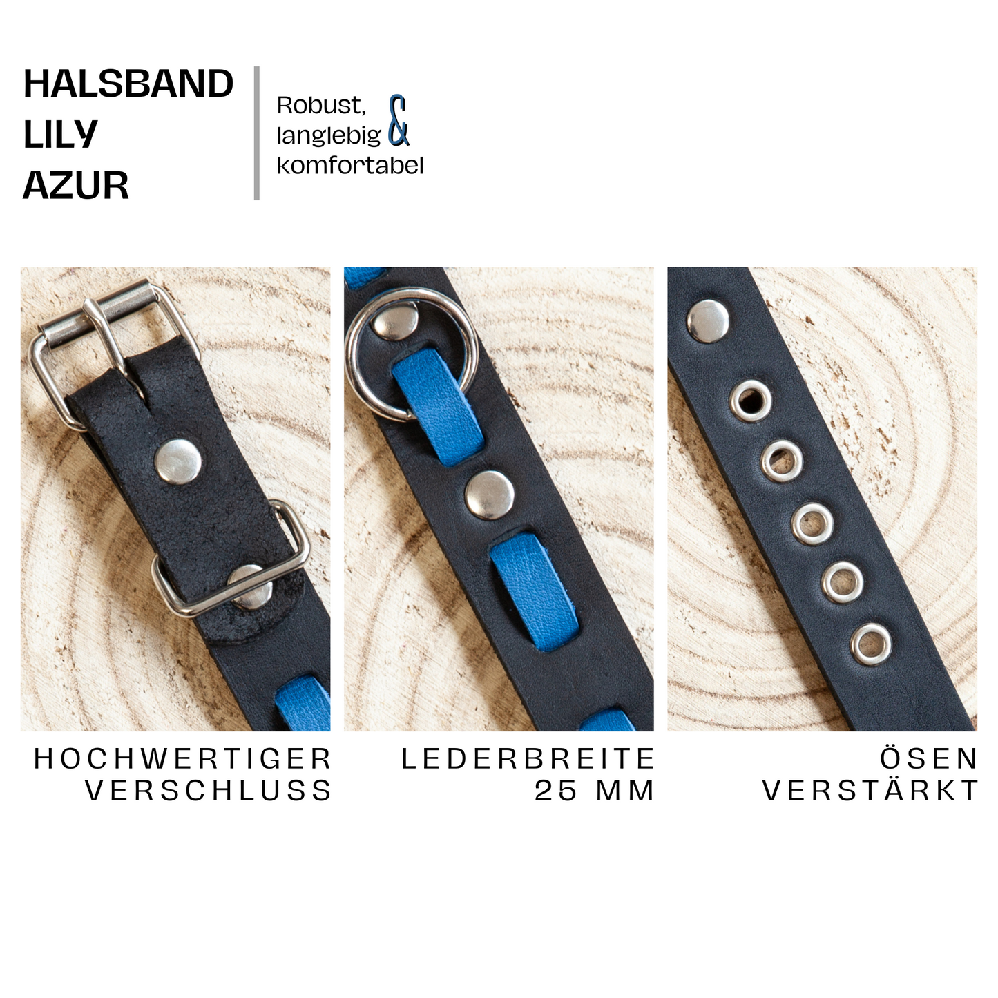 Detailaufnahme des Hundehalsbands Lily in Azurblau-Schwarz mit stabilem Edelstahlverschluss und verstärkten Ösen auf Holzscheibe.