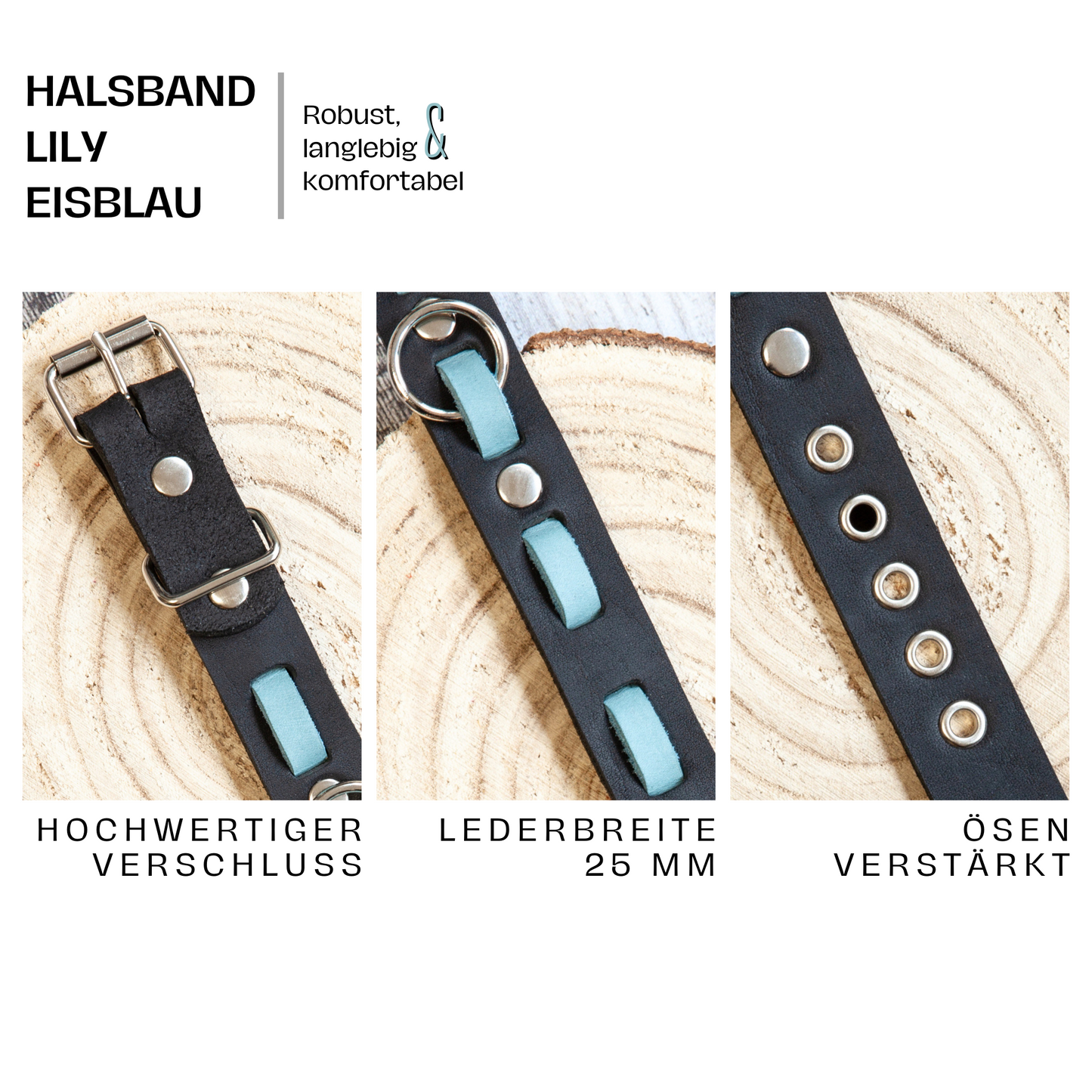 Lederhalsband LILY in Eisblau-Schwarz – mit verstärkten Ösen und hochwertigem Verschluss – robust und bequem