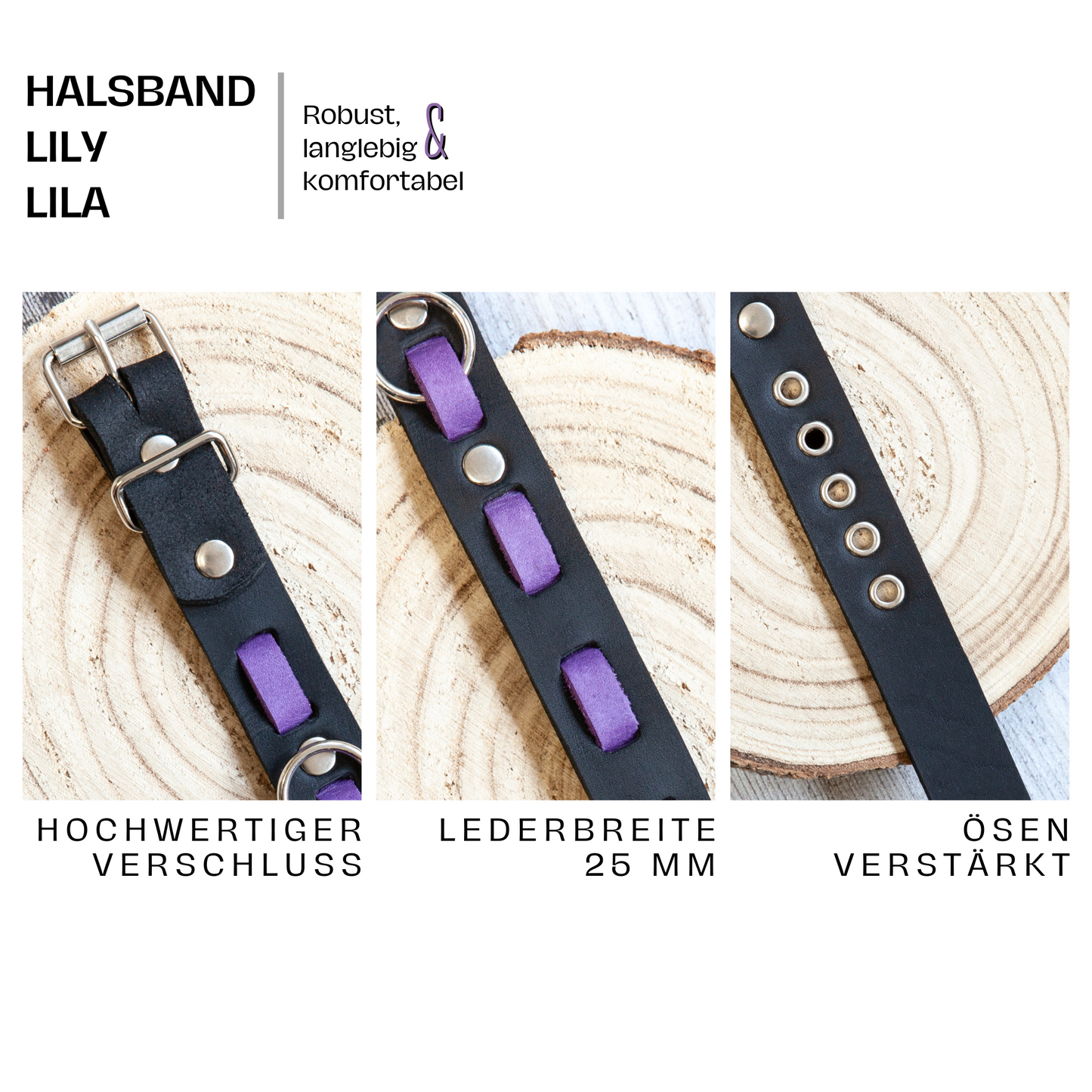 Halsband LILY in Lila-Schwarz mit hochwertigem Verschluss, verstärkten Ösen und 25 mm breitem Leder – robust und komfortabel