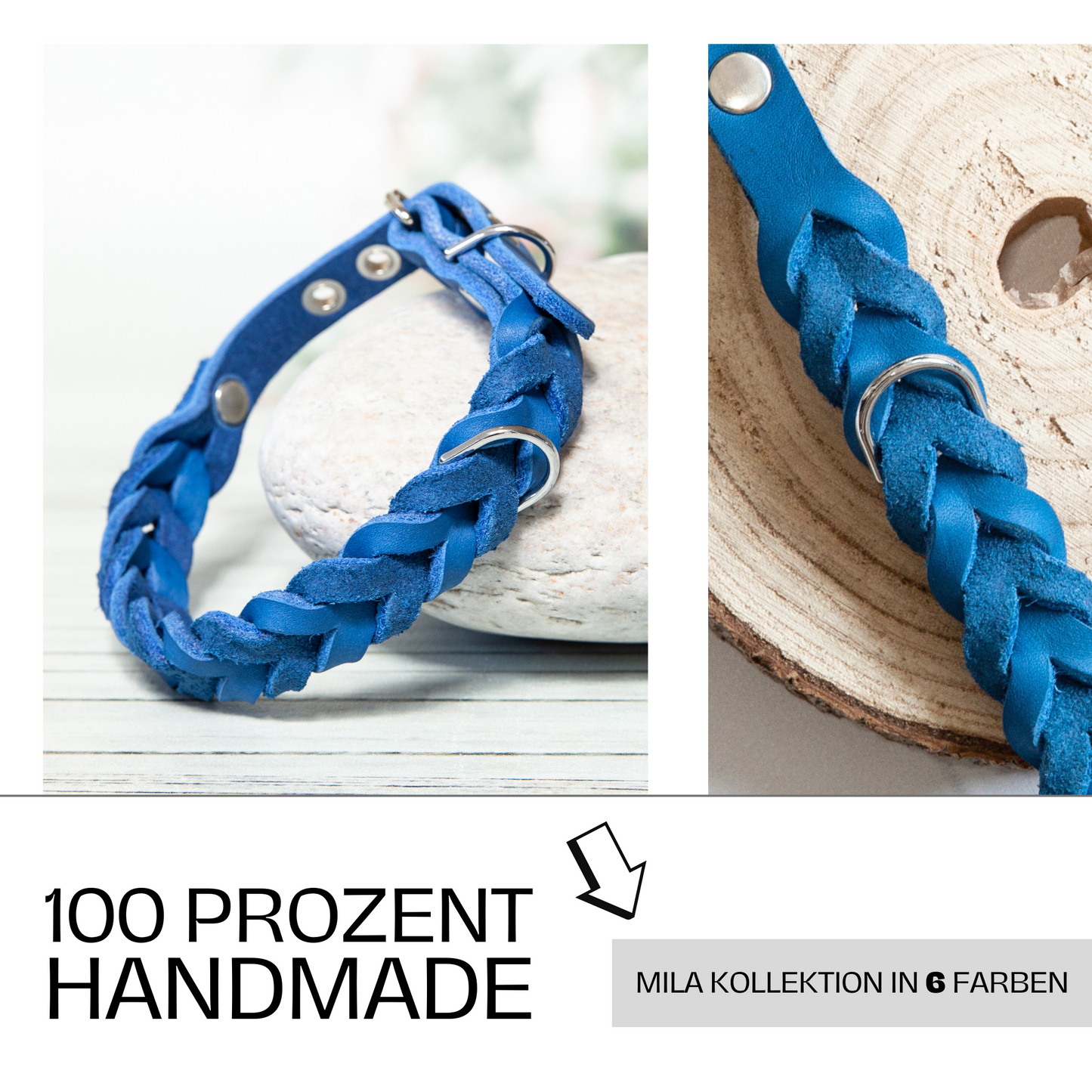 Halsband MILA in Azurblau – Teil der liebevoll handgemachten Kollektion aus 6 Lederfarben mit Fokus auf Qualität und Design.