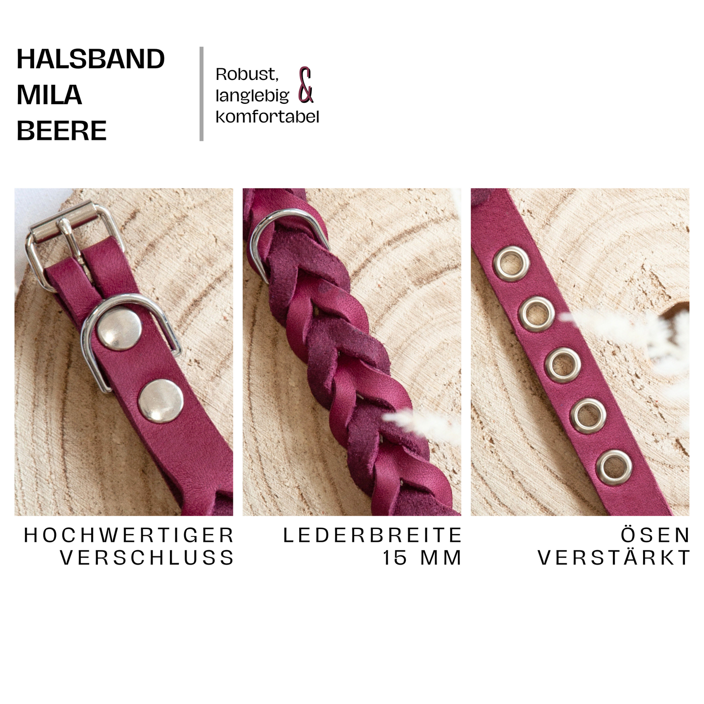 Halsband MILA in Beere mit hochwertigem Verschluss, geflochtenem Leder in 15 mm Breite und verstärkten Ösen – robust und stilvoll verarbeitet.