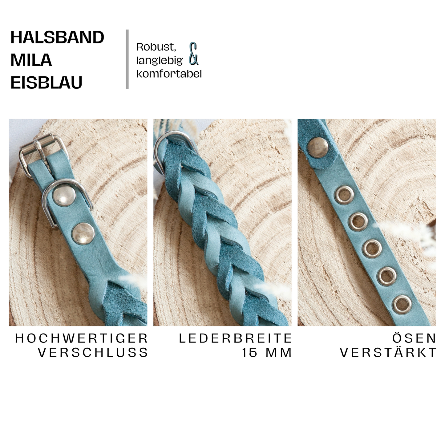 Detaillierte Ansicht des Halsbands MILA in Eisblau – mit hochwertigem Verschluss, geflochtenem Leder in 15 mm Breite und stabil verstärkten Ösen.