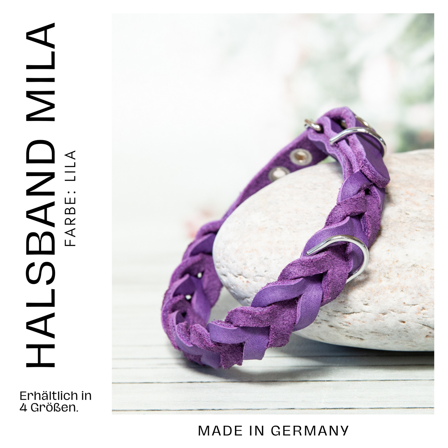 Hundehalsband MILA in Lila – dekorativ auf einem Stein inszeniert, handgefertigt in Deutschland und in vier Größen verfügbar.