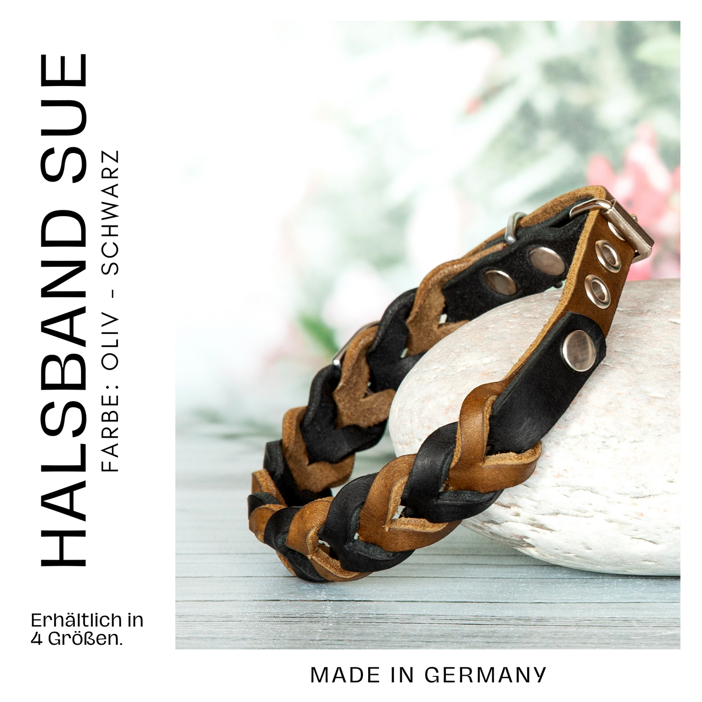 Handgefertigtes Halsband SUE in Oliv-Schwarz – mit verstärkten Ösen für sicheren Halt.