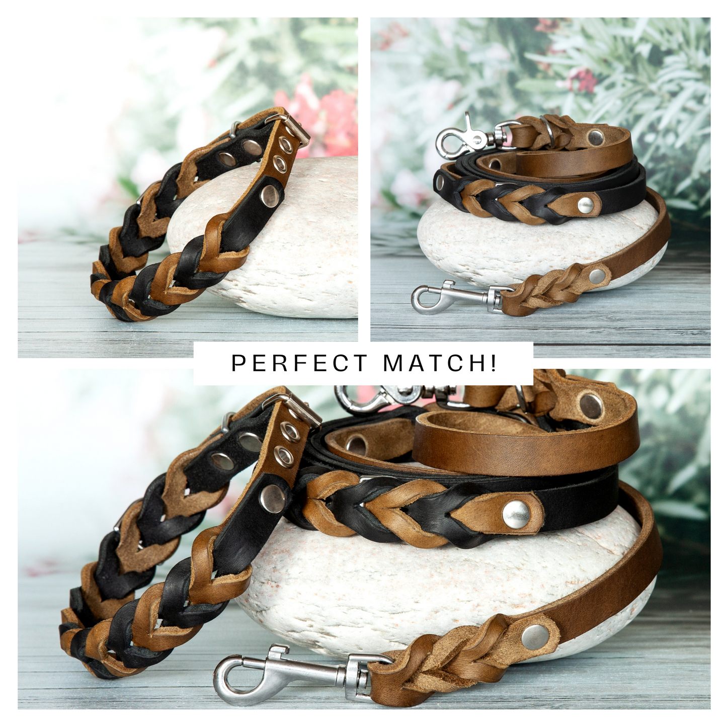 Natürlich kombiniert: Halsband und Leine SUE in Oliv-Schwarz – das perfekte Outdoor-Set.