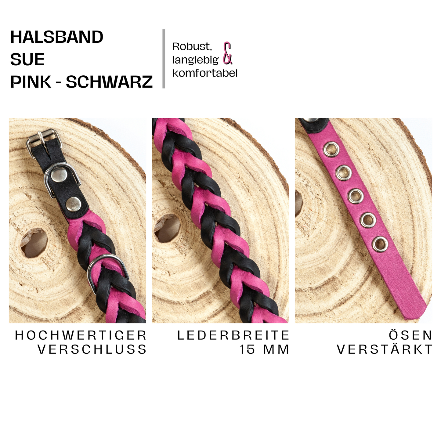 Detailaufnahme des Halsbands Sue in Pink-Schwarz: hochwertige Metallschnalle, geflochtenes Leder und verstärkte Ösen.