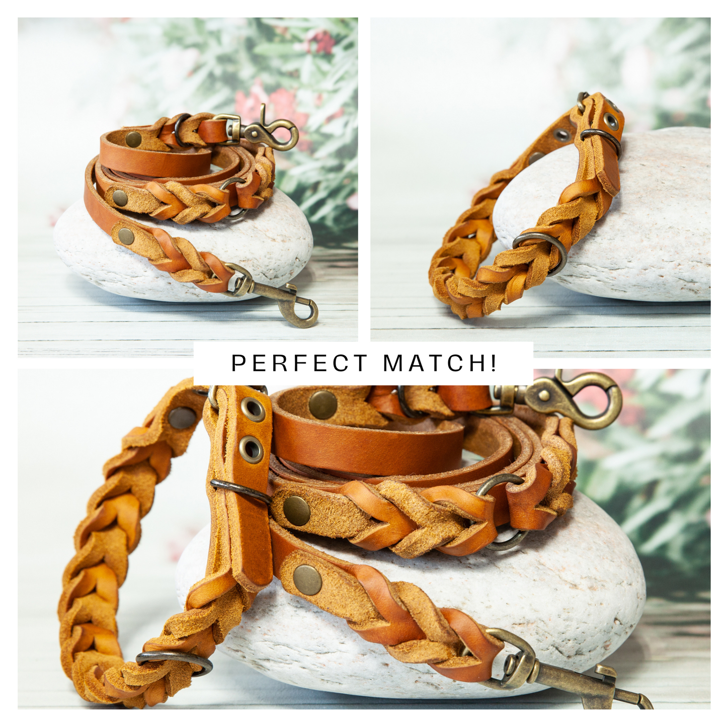 Perfect Match: Hundeleine und Halsband ELLA in Cognac mit goldfarbenem Karabiner – stilvoll im Set.