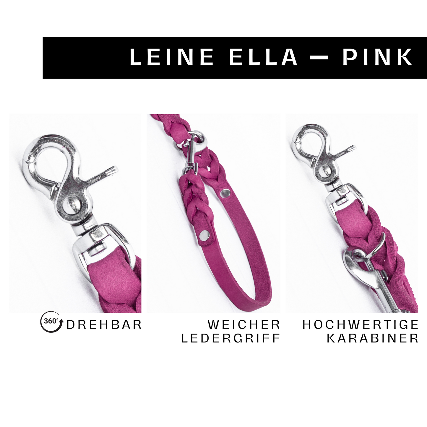 Hundeleine ELLA Pink – hochwertige Lederdetails, drehbarer Karabiner und ergonomischer Griff im Überblick.
