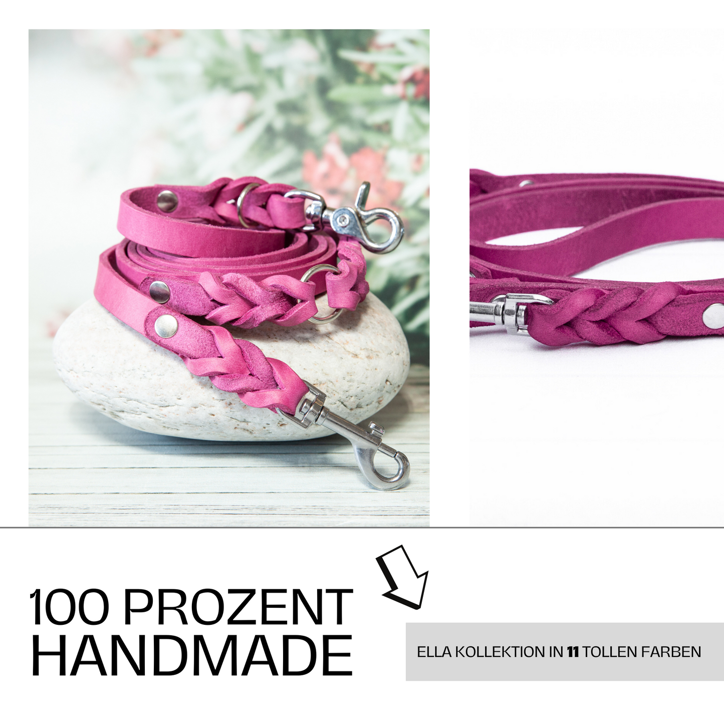 100 % handmade: Hundeleine ELLA in Pink – Teil der vielfältigen 9-farbigen ELLA-Lederkollektion.