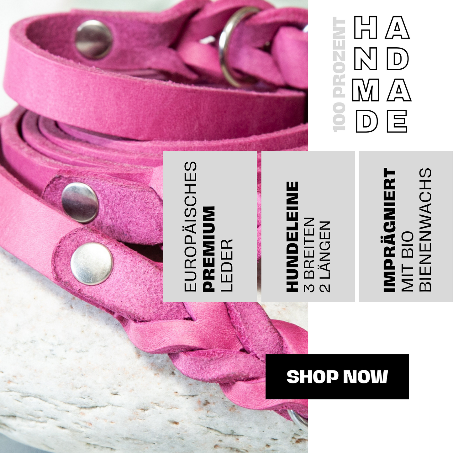 Hundeleine ELLA in Pink – pflanzlich gegerbtes Leder, handgeflochten und veredelt mit Bio-Bienenwachs.