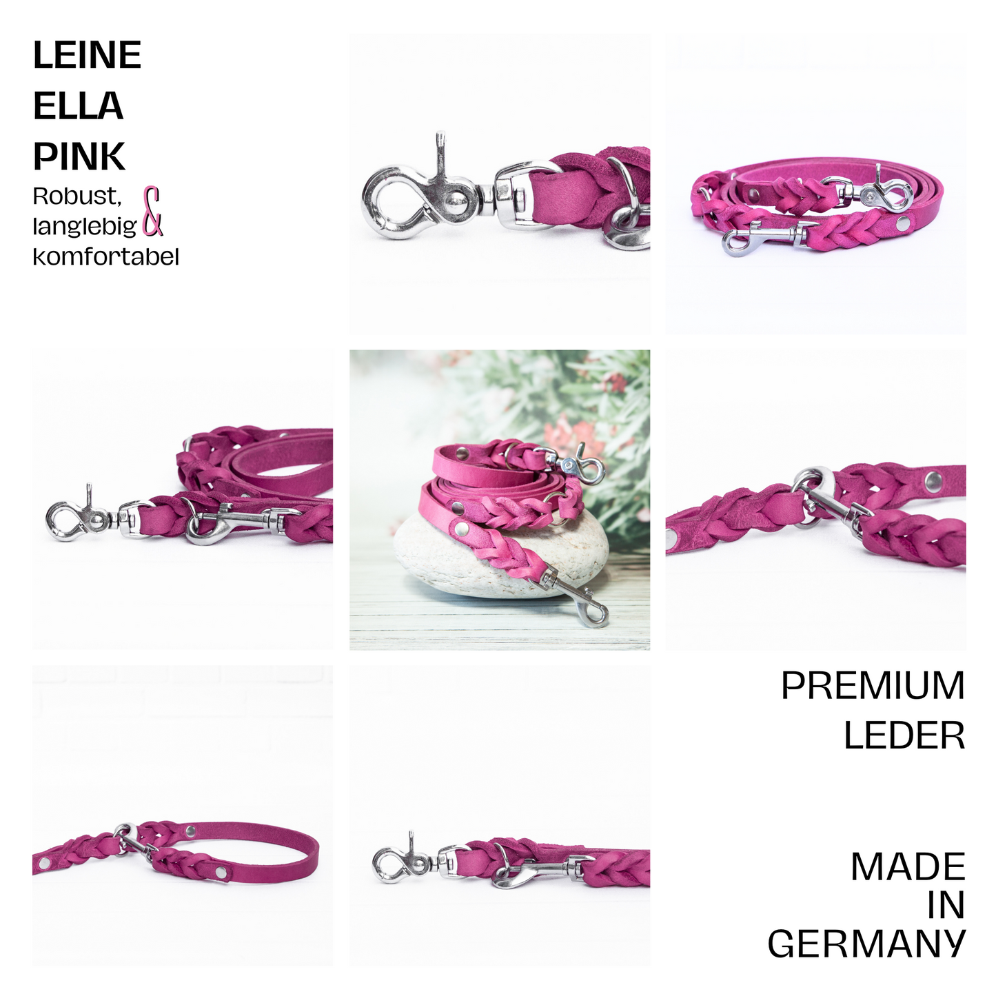 Produktübersicht der pinken ELLA-Leine – geflochtenes Premiumleder und glänzender Messing-Karabiner in Szene gesetzt.