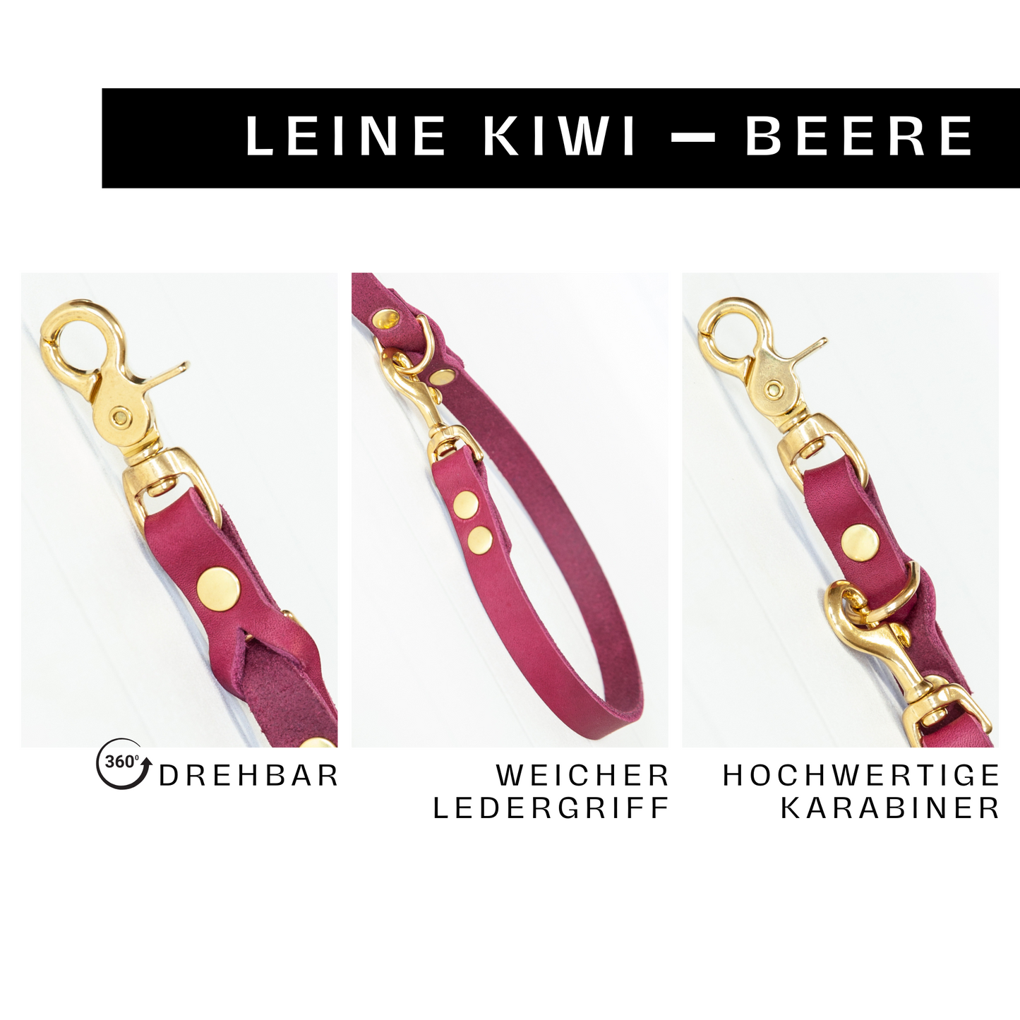 Hundeleine KIWI in Beere mit drehbarem silbernem Karabiner und weichem, handvernähtem Ledergriff