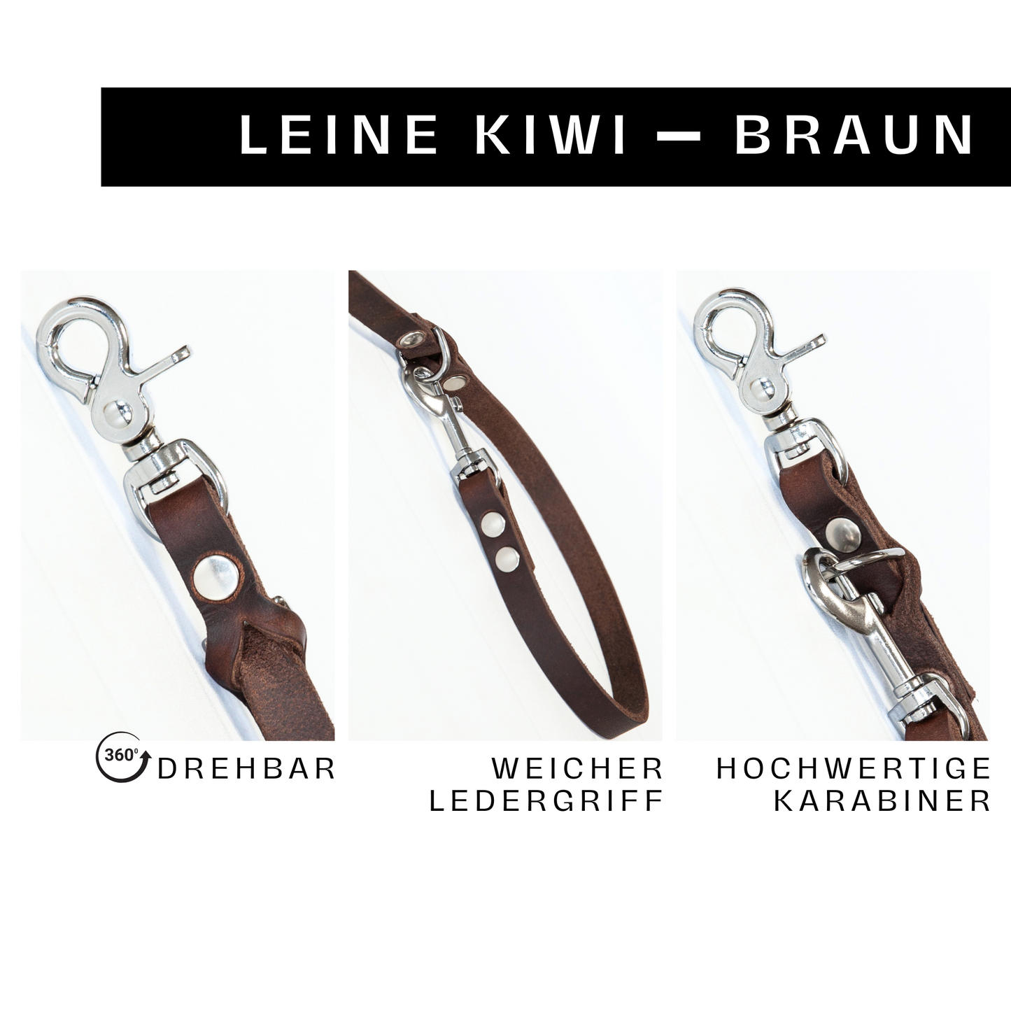 Hundeleine KIWI in Braun mit drehbarem Karabiner und weichem Ledergriff – handgefertigt und hochwertig verarbeitet