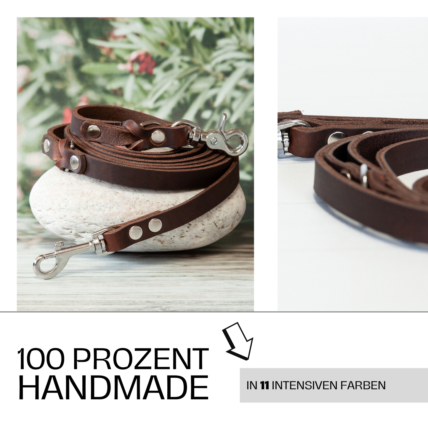 Braune Hundeleine KIWI – handgemacht aus robustem Premiumleder, erhältlich in 11 Farben
