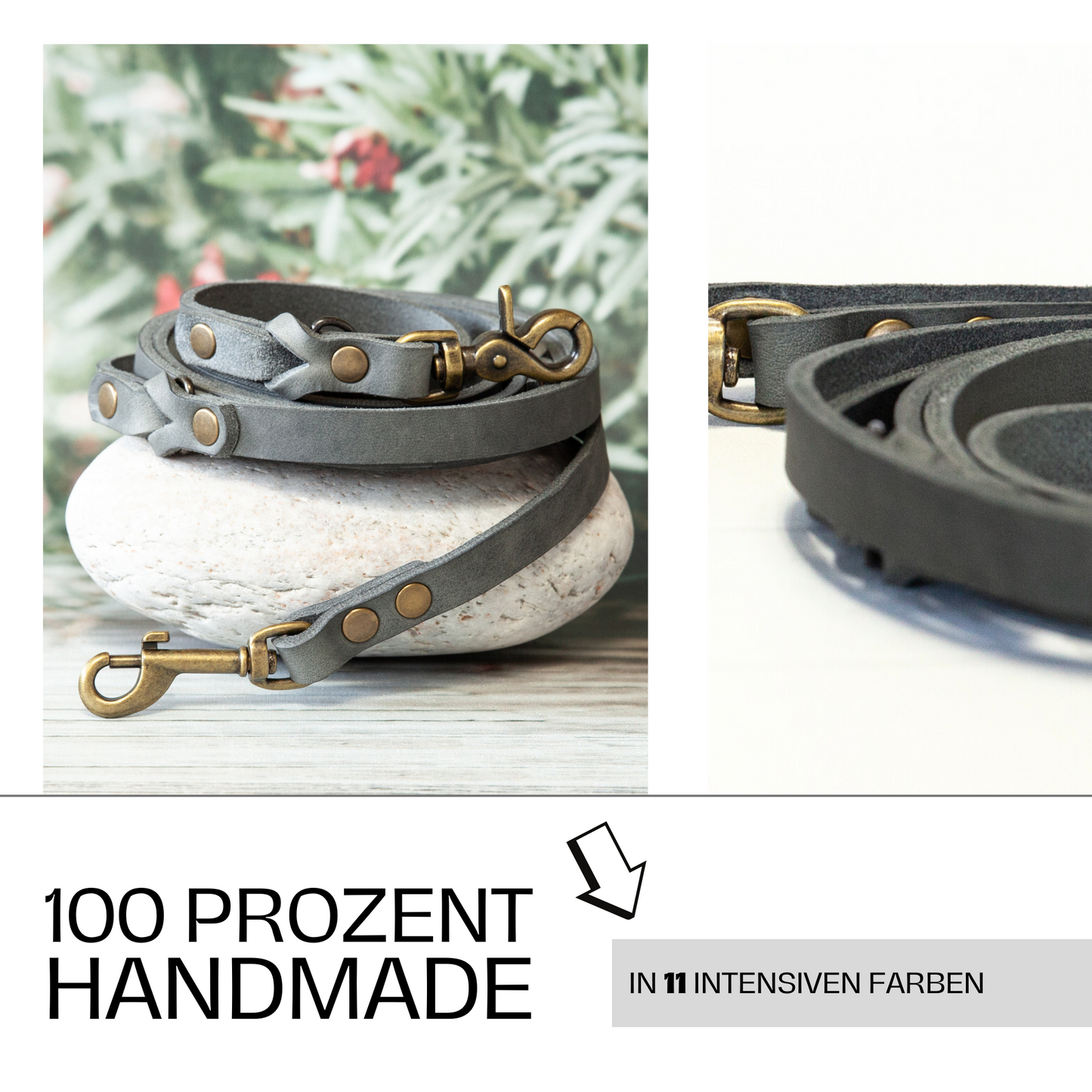Hundeleine KIWI Grau – aus hochwertigem Leder, handgemacht und erhältlich in 11 modischen Farben