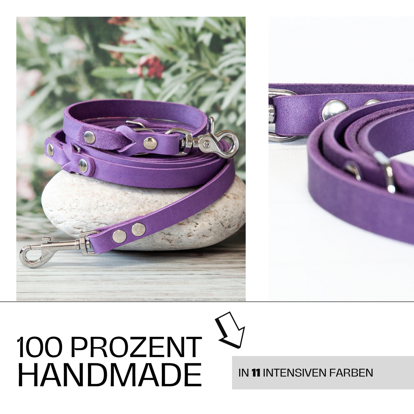 Hundeleine KIWI in Lila – 100 % handmade, in 11 leuchtenden Farben erhältlich, aus echtem Leder