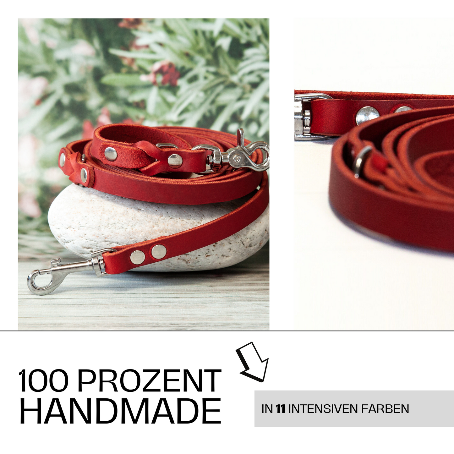 Rote Hundeleine KIWI aus Leder – 100 % handmade, erhältlich in 11 intensiven Farben mit silberfarbenem Karabiner