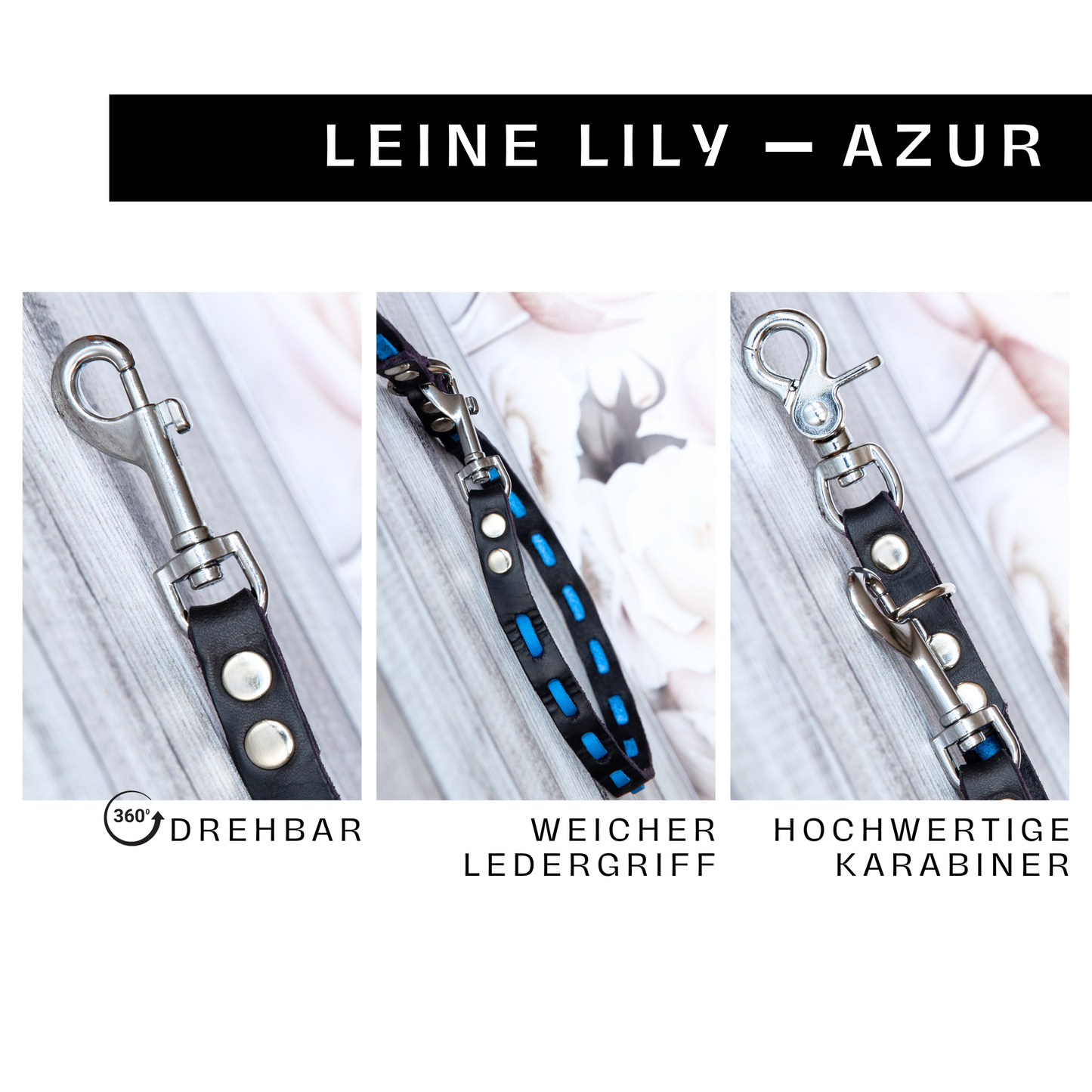 Verstellbare Hundeleine Lily Azurblau-Schwarz mit silberfarbenem Karabiner – individuell anpassbar und handgefertigt in Deutschland.