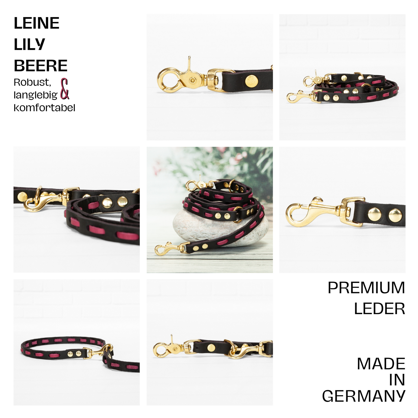 Detailaufnahme des drehbaren Karabiners der beere-schwarzen Lederleine Lily mit goldfarbener Beschlägen und stabilem Nietenverschluss.