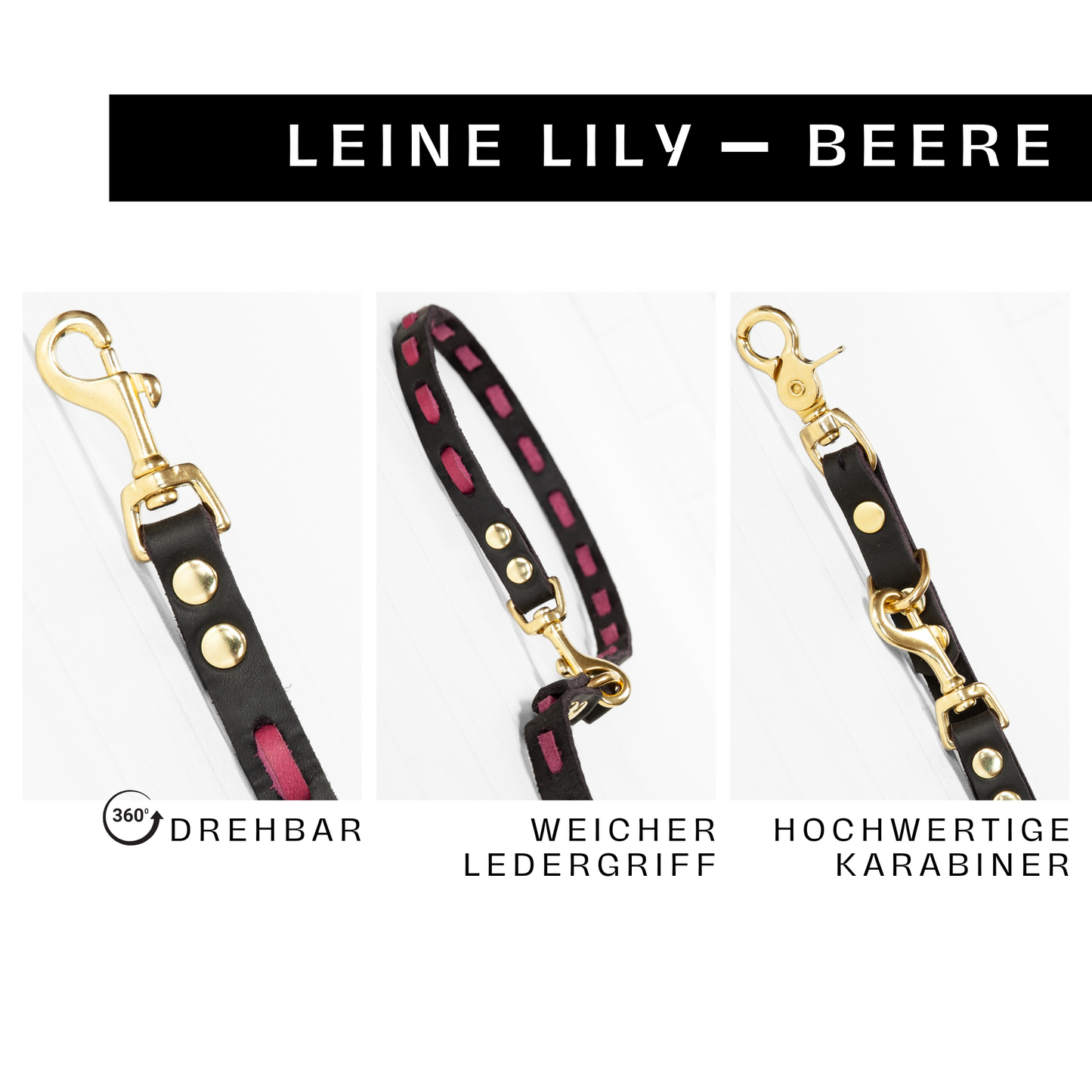 Nahaufnahme des weichen Ledergriffs der Hundeleine Lily in Beere-Schwarz, eingeflochtenes farbiges Leder für angenehmen Halt.
