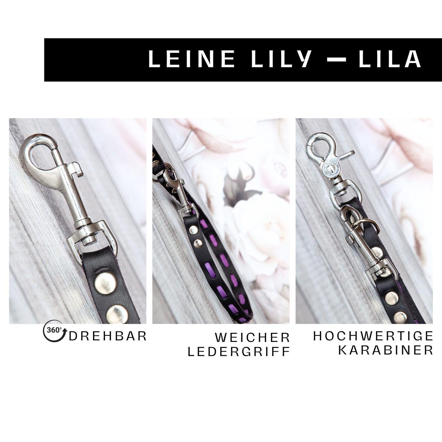 Detailaufnahme der handgefertigten Hundeleine Lily in Lila-Schwarz mit weichem Ledergriff und drehbarem silberfarbenem Karabiner.