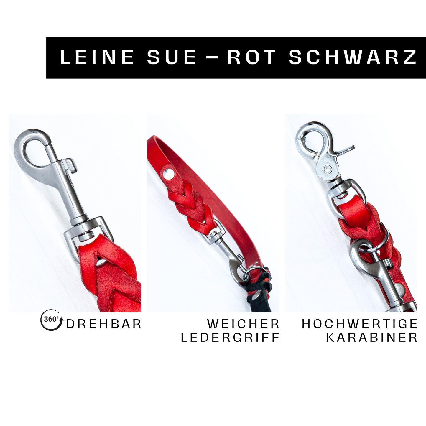 Detailansicht der Hundeleine SUE Rot-Schwarz: drehbarer Karabiner, weicher Ledergriff und hochwertige Verarbeitung.