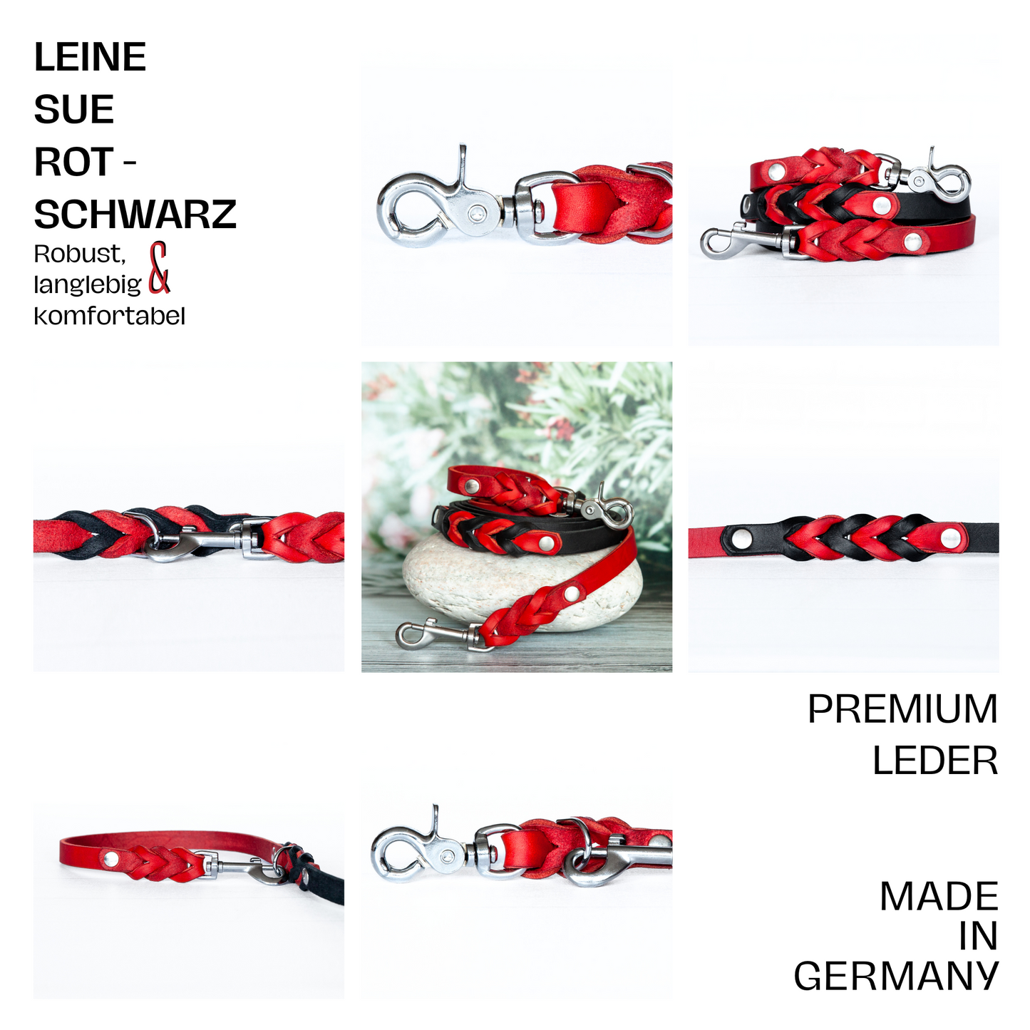 Detailaufnahme des silberfarbenen drehbaren Karabiners der Lederleine SUE in Rot-Schwarz – robust, sicher und handvernietet.