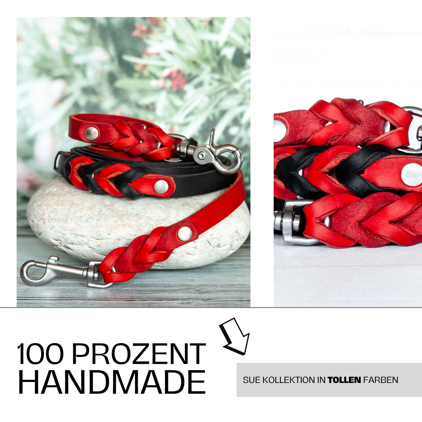 Handgemachte Hundeleine aus rotem und schwarzem Leder – 100 % Handmade mit langlebigem Karabiner.