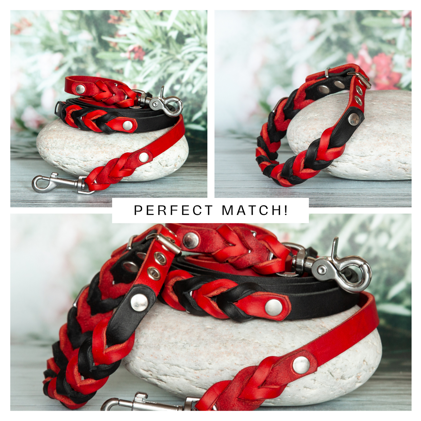 Perfekte Kombination: Hundeleine und Halsband SUE in Rot-Schwarz als stilvolles Set auf Naturstein präsentiert.