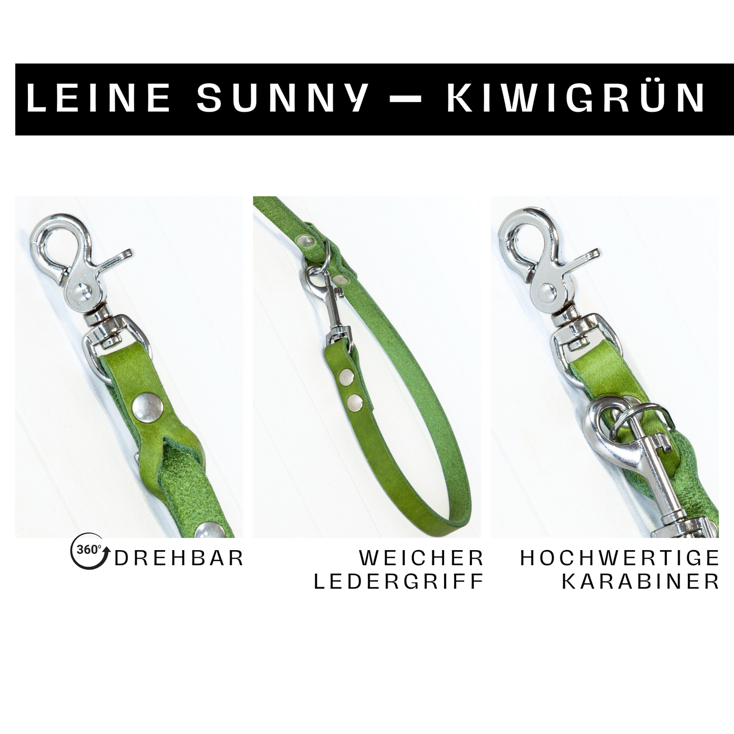 Drehbarer silberner Karabiner, weicher Ledergriff und robuste Verarbeitung der Sunny Leine in Kiwigrün