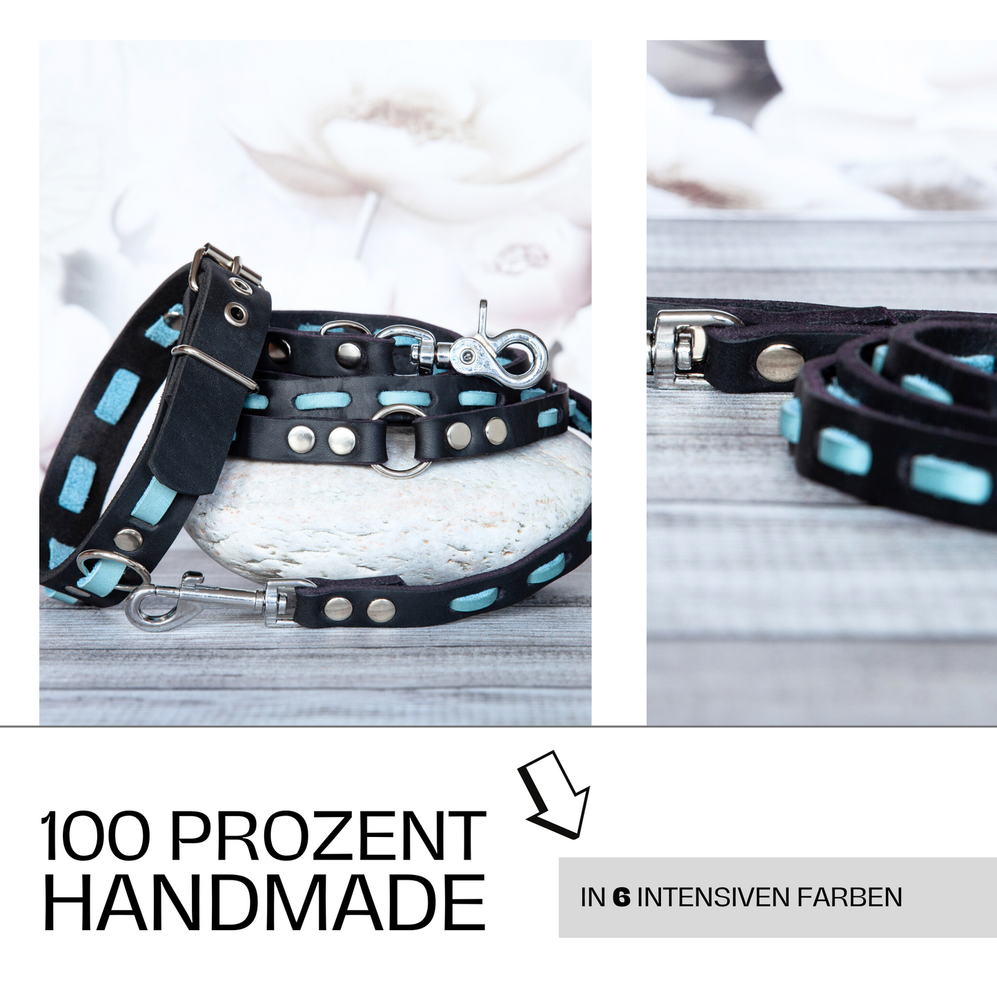 Set LILY in Eisblau-Schwarz – Hundeleine und Halsband im handgemachten Design aus Leder – in sechs Farbvarianten verfügbar