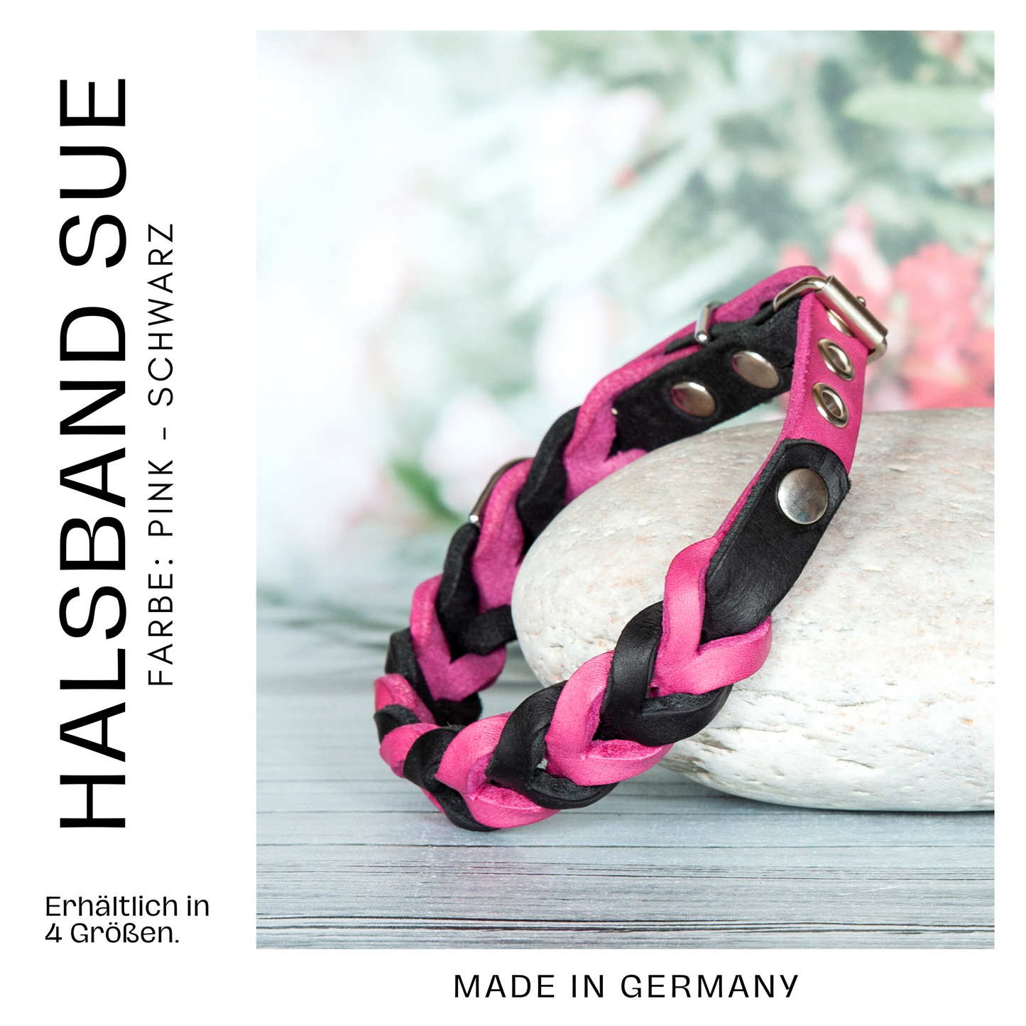 Handgefertigtes Hundehalsband Sue in Pink-Schwarz aus geflochtenem Premium-Leder – in vier Größen erhältlich.