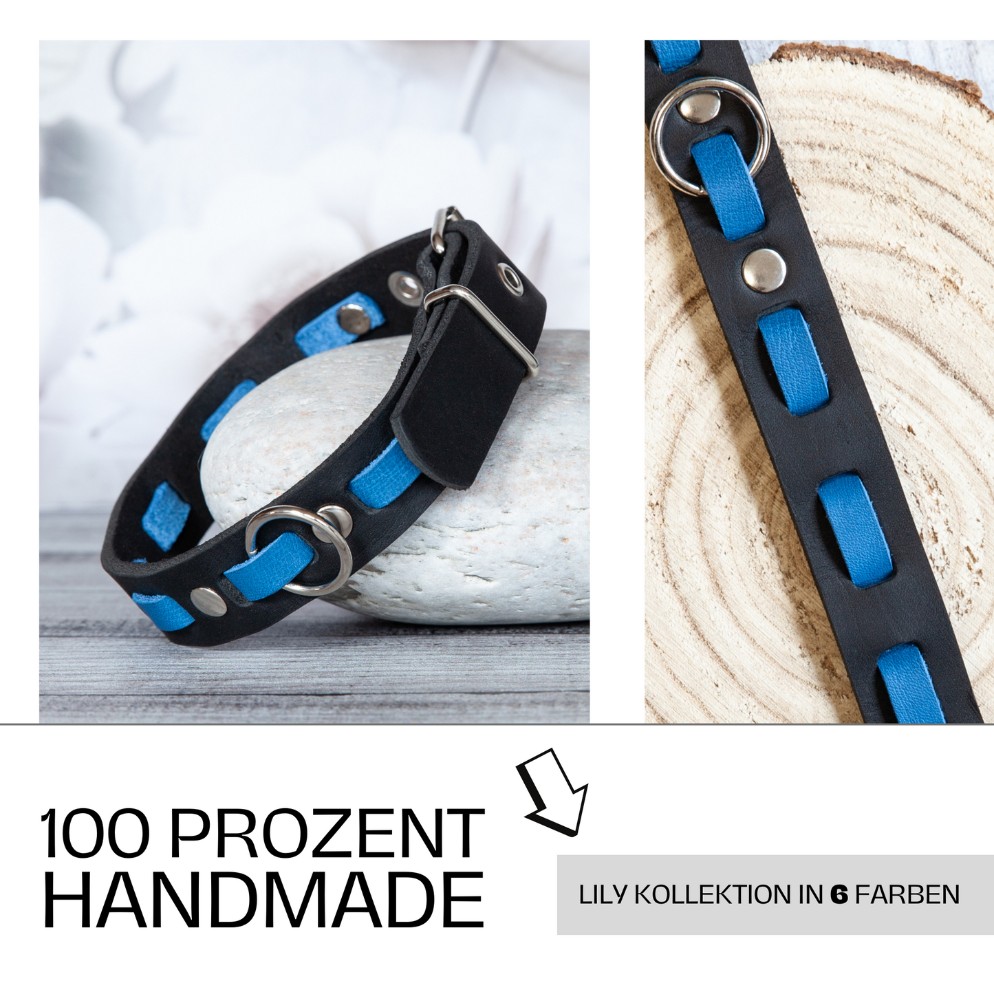 Handgefertigtes Hundehalsband Lily in Azurblau mit kontrastierendem schwarzem Lederband – 100 % handmade in Deutschland.