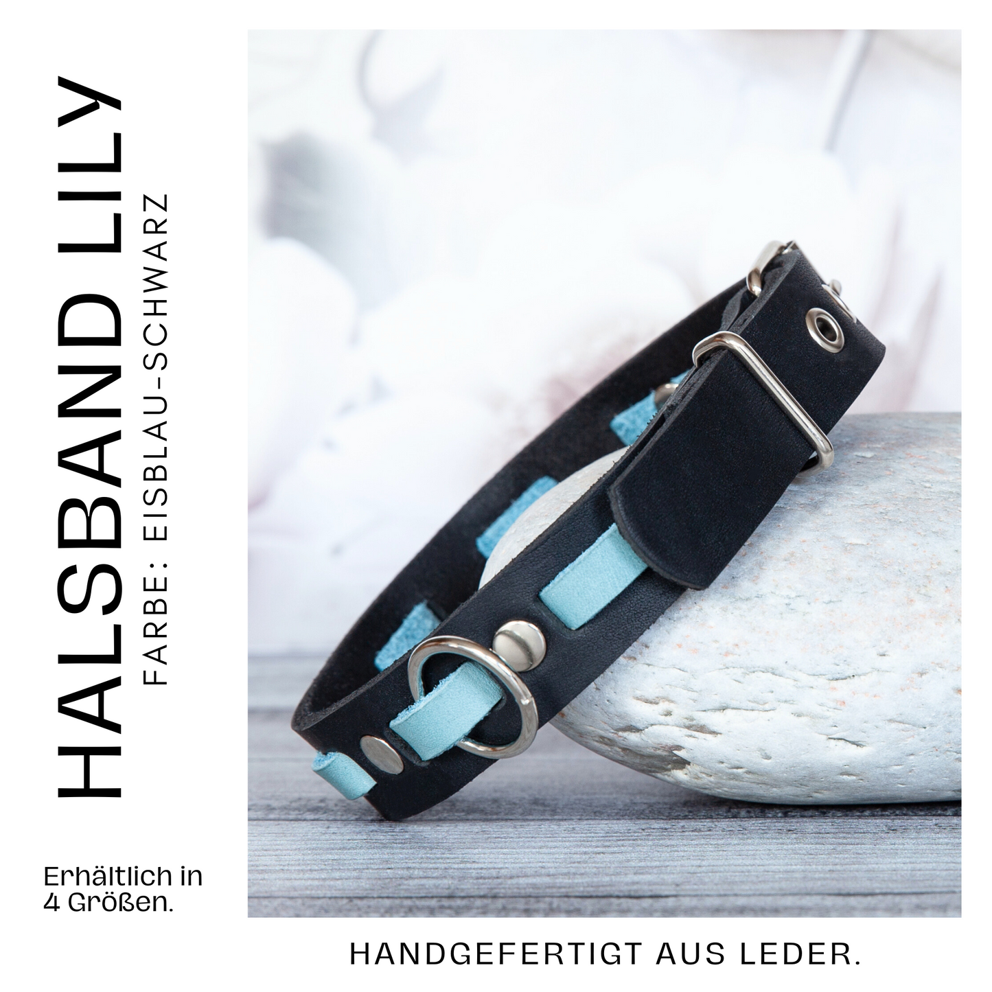 Handgefertigtes Halsband LILY in Eisblau-Schwarz – verstellbar und in vier Größen erhältlich – ideal für stilbewusste Hundehalter:innen