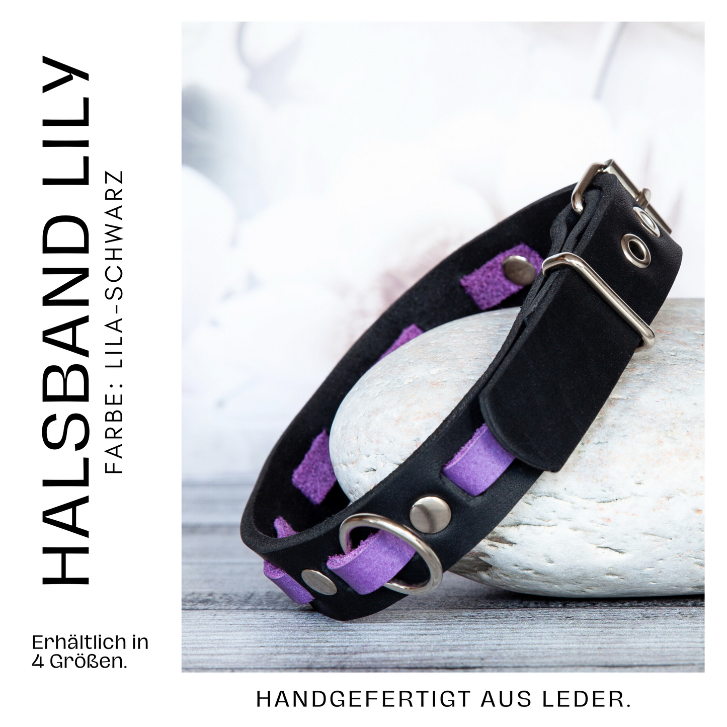 Handgefertigtes Lederhalsband LILY in Lila-Schwarz – verstellbar, erhältlich in vier Größen und perfekt kombinierbar mit der Leine
