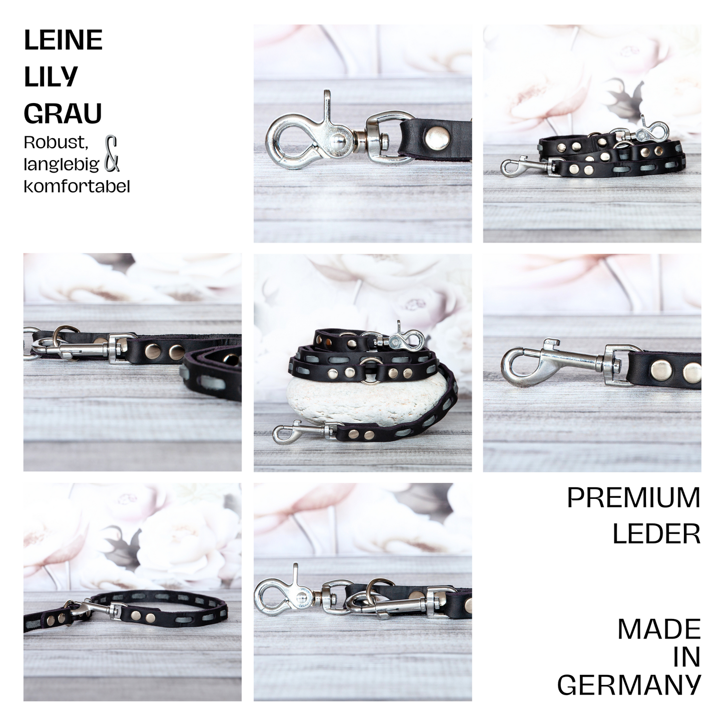 Robuste und komfortable Hundeleine LILY in Grau-Schwarz – handgemacht in Deutschland aus hochwertigem Premiumleder
