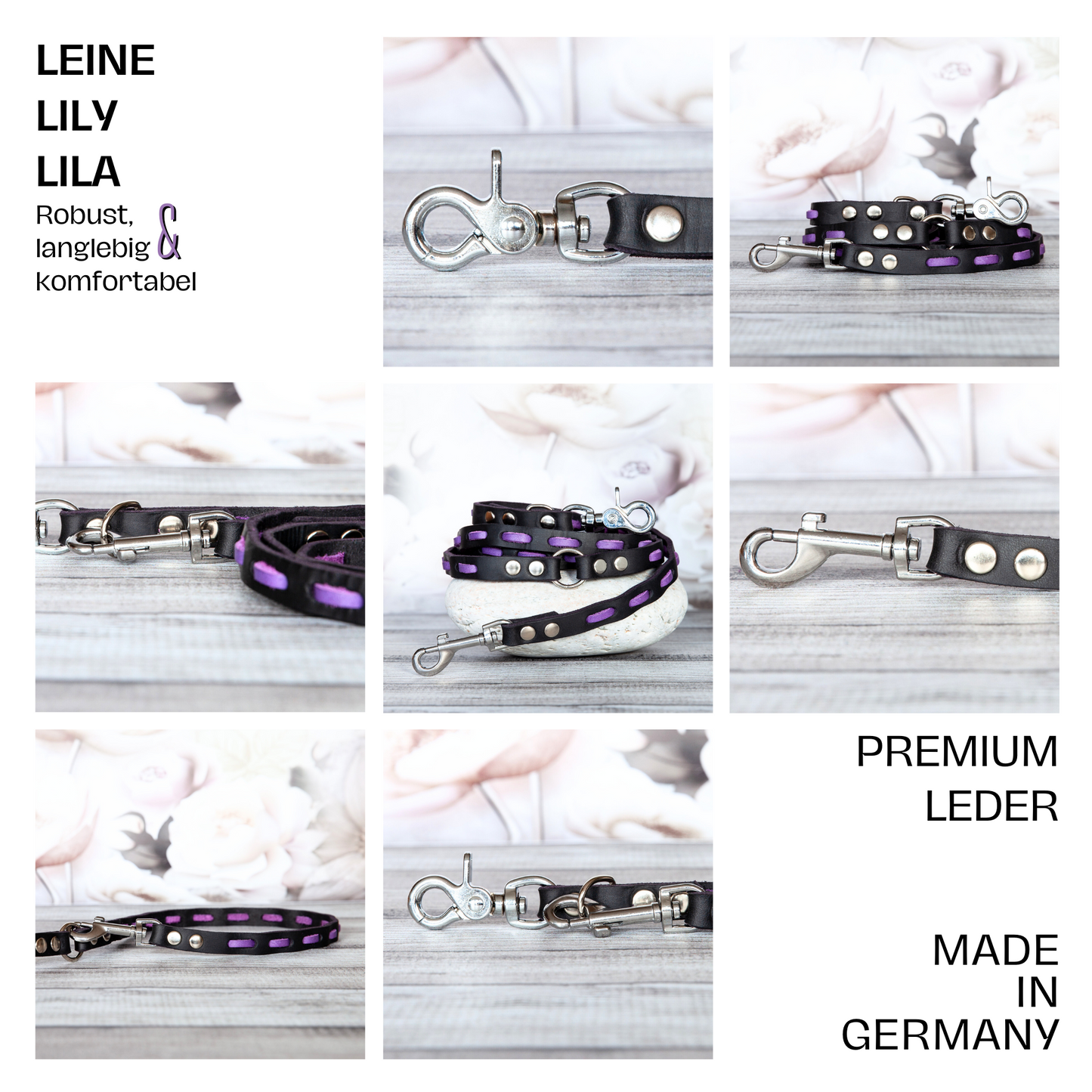 Hundeleine Lily in Lila-Schwarz – handgefertigt aus hochwertigem europäischem Premiumleder, angenehm weich und gleichzeitig reißfest.